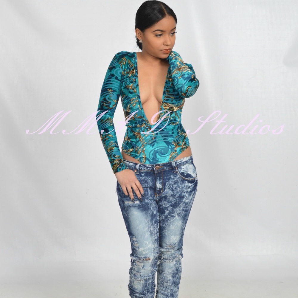 NWOT Turquoise Deep V-Neck Bodysuit.